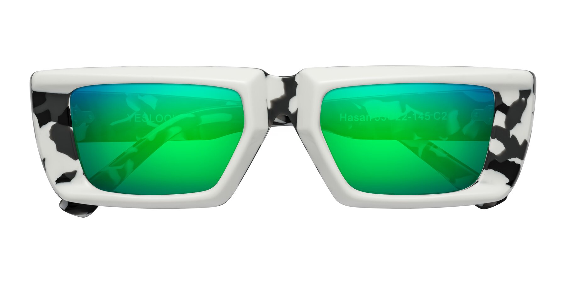 Folded Front of Hasan in White-Black Tortoise with Green Mirrored Lenses