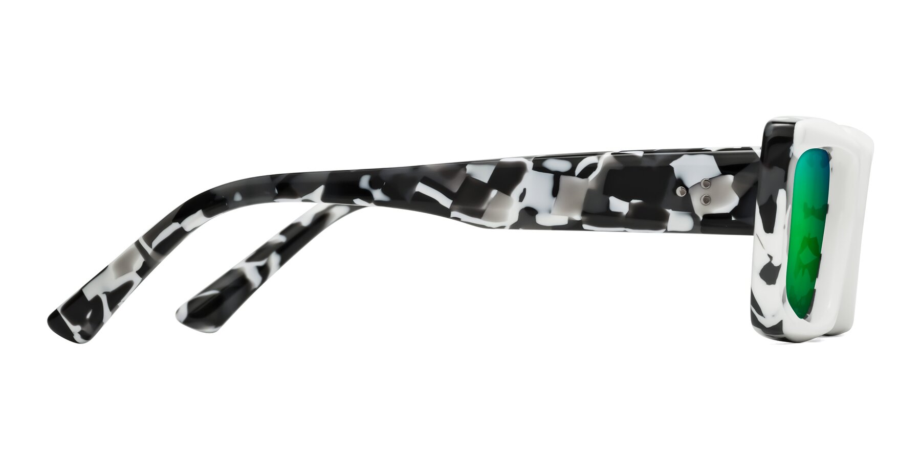 Side of Hasan in White-Black Tortoise with Green Mirrored Lenses
