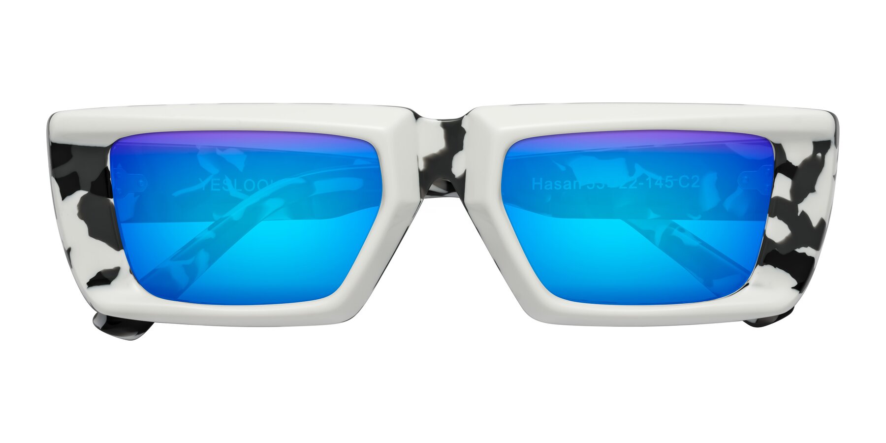 Folded Front of Hasan in White-Black Tortoise with Blue Mirrored Lenses