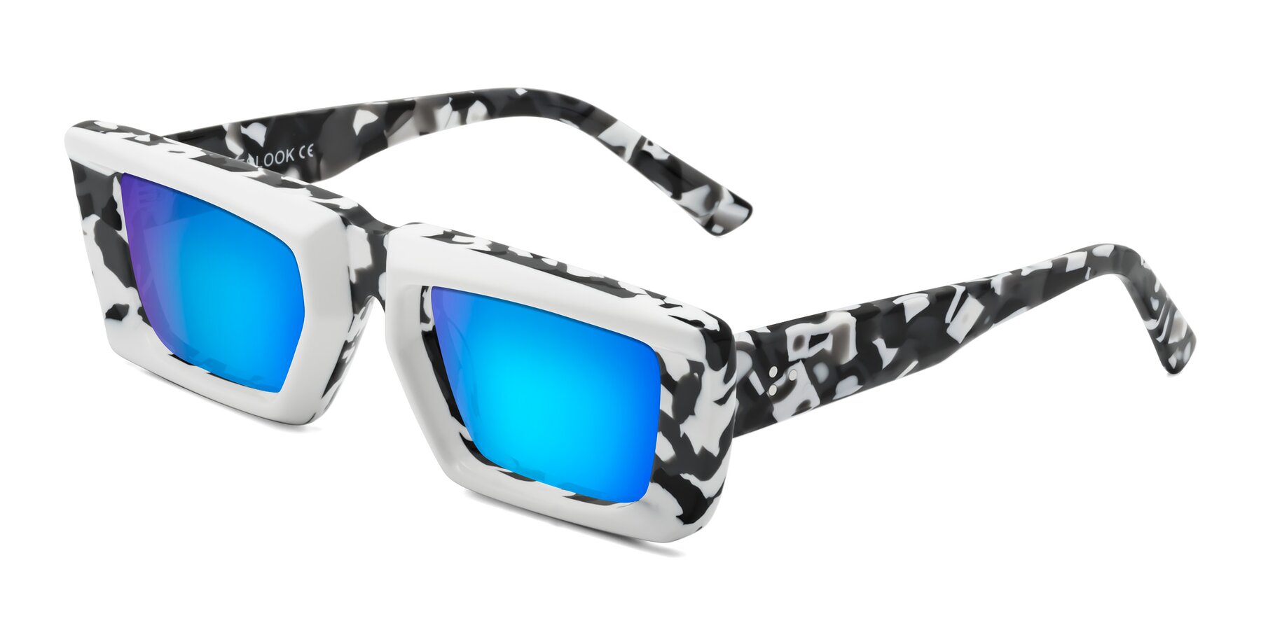 Angle of Hasan in White-Black Tortoise with Blue Mirrored Lenses
