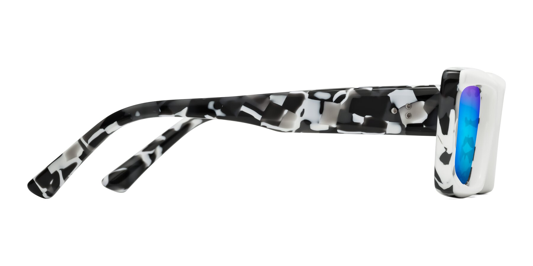 Side of Hasan in White-Black Tortoise with Blue Mirrored Lenses