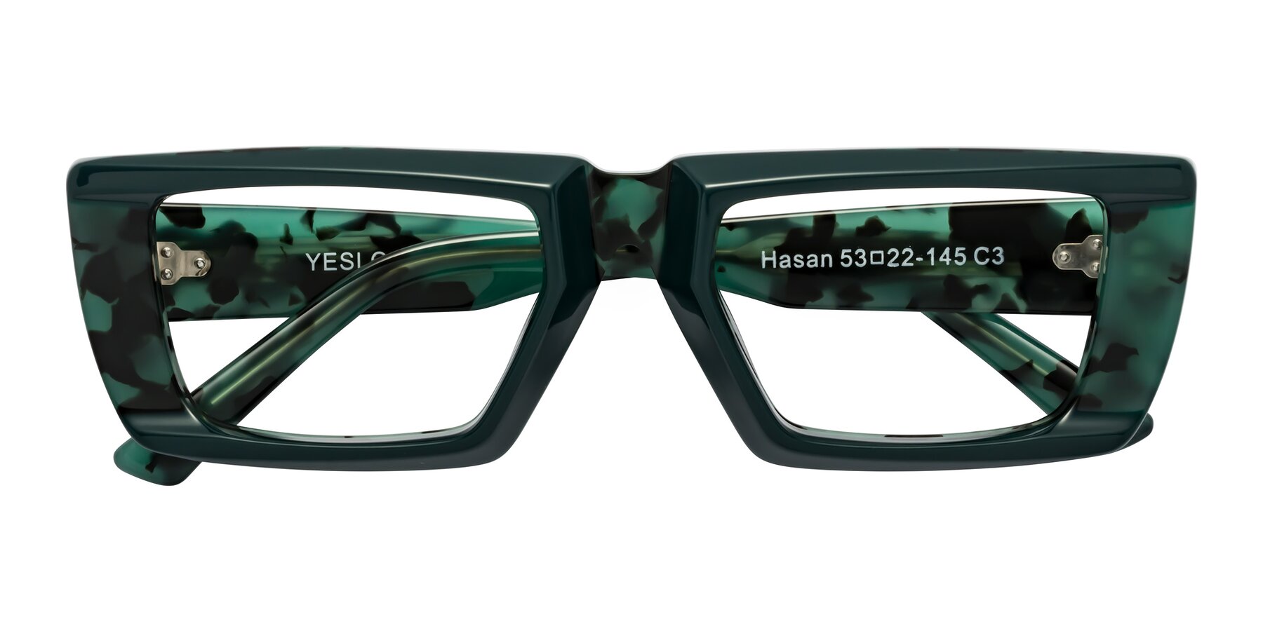 Folded Front of Hasan in Forest Green-Green Tortoise with Clear Reading Eyeglass Lenses