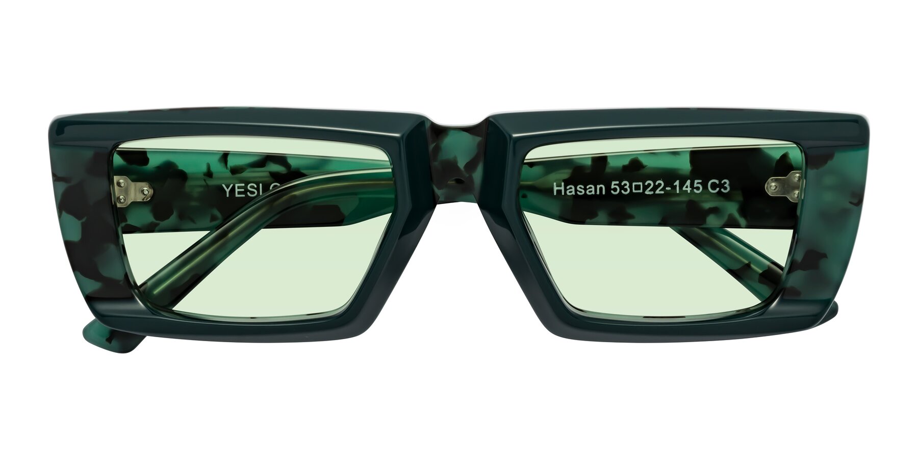 Folded Front of Hasan in Forest Green-Green Tortoise with Light Green Tinted Lenses