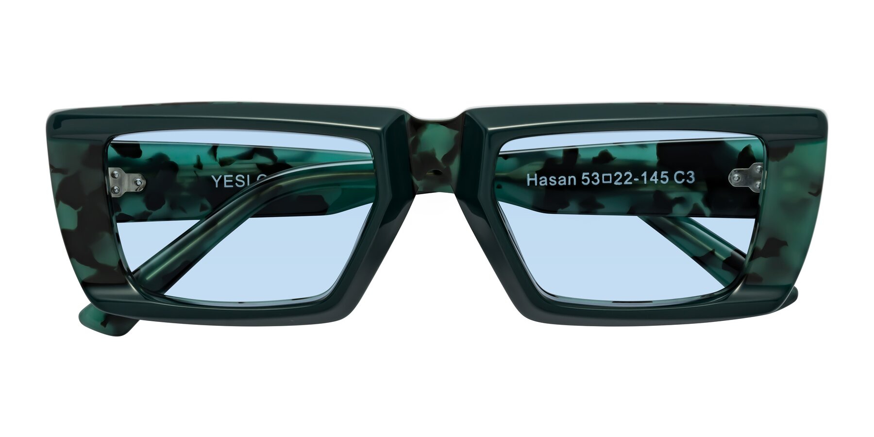 Folded Front of Hasan in Forest Green-Green Tortoise with Light Blue Tinted Lenses