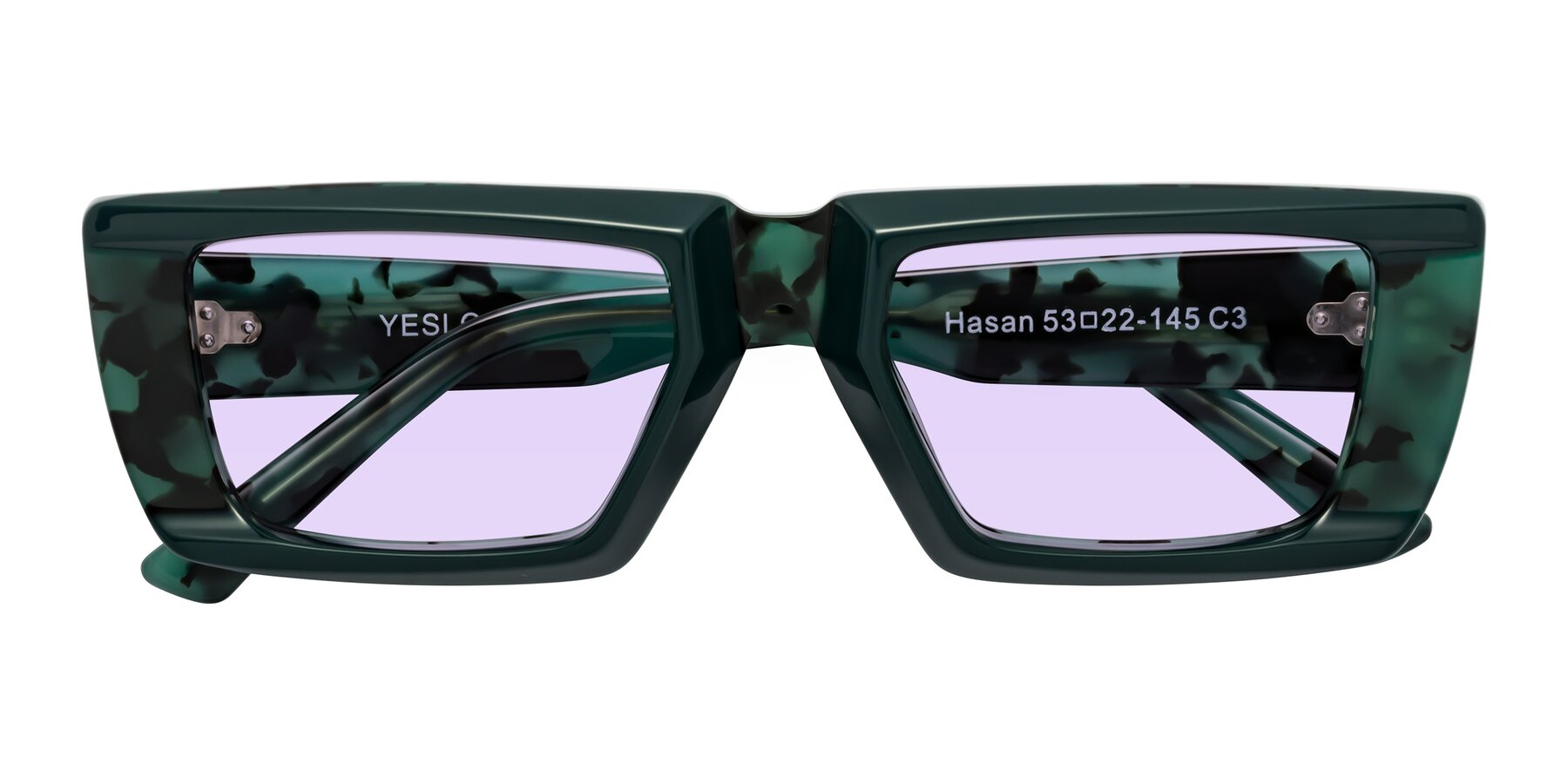 Folded Front of Hasan in Forest Green-Green Tortoise with Light Purple Tinted Lenses