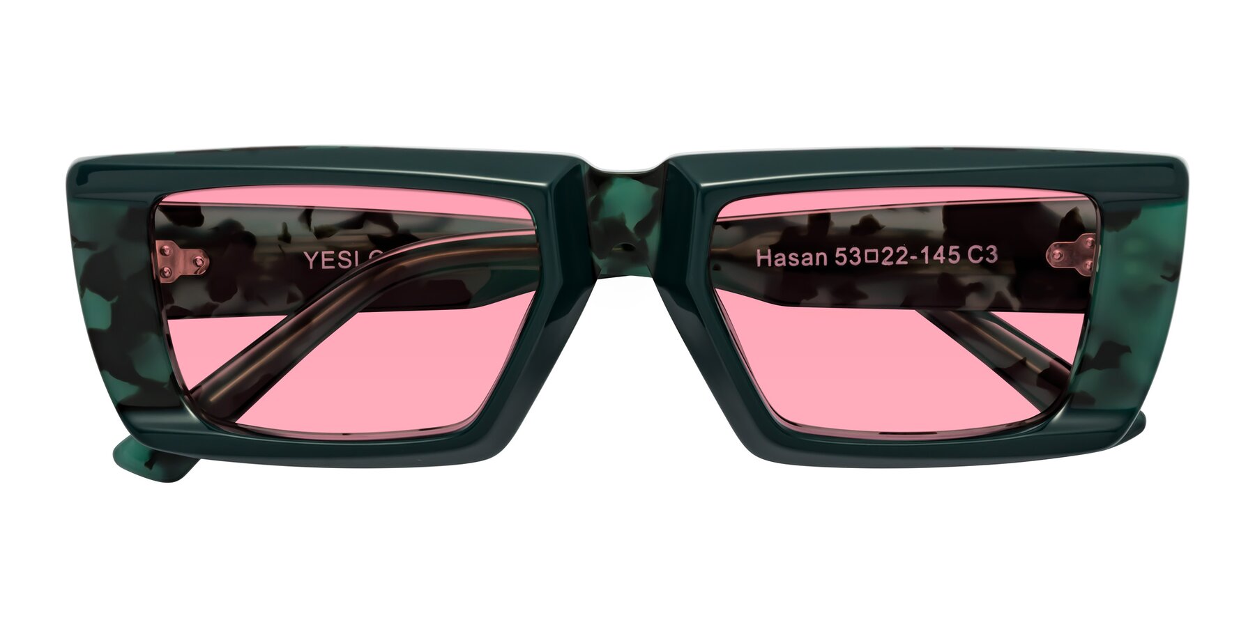 Folded Front of Hasan in Forest Green-Green Tortoise with Pink Tinted Lenses