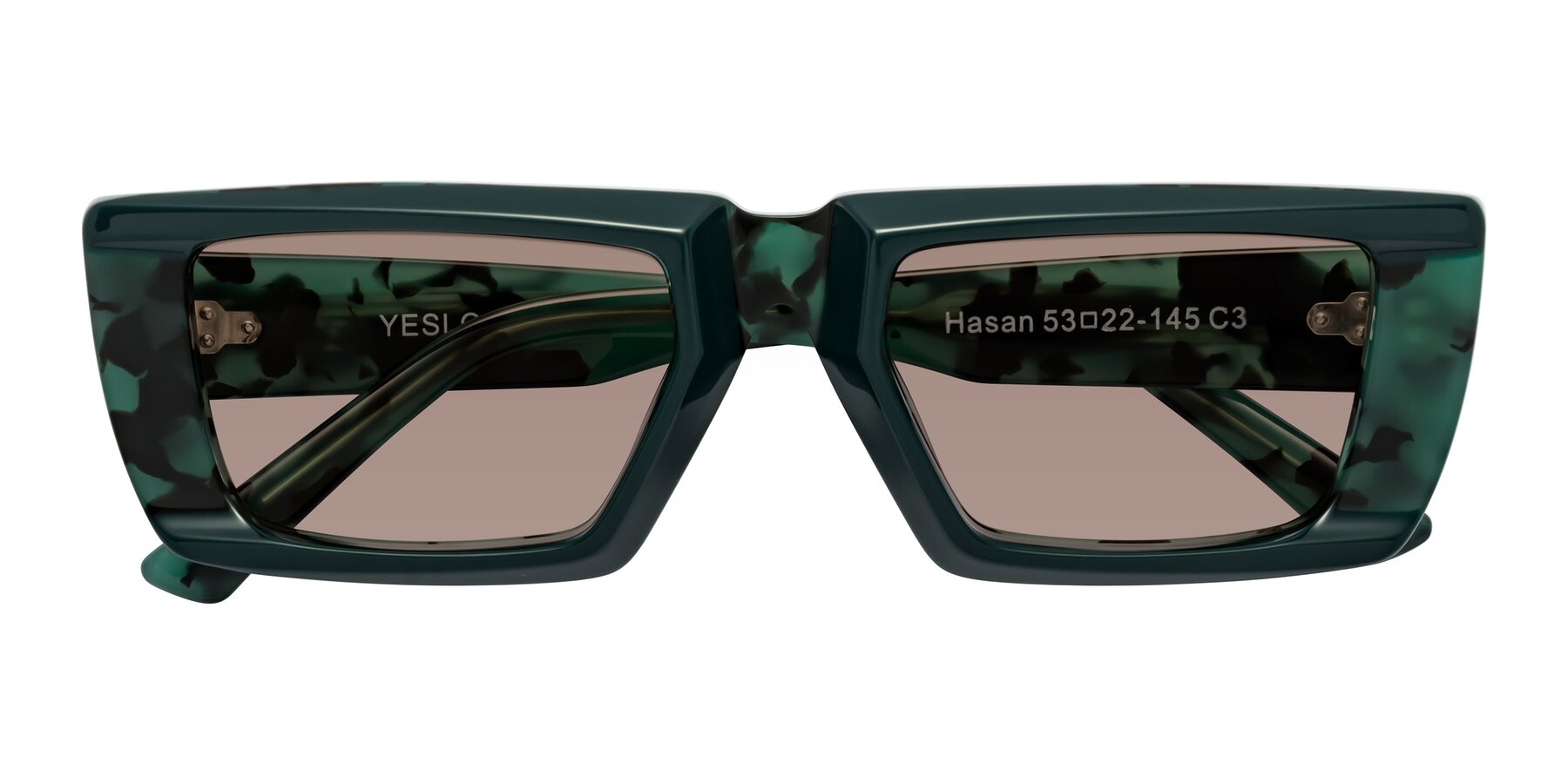 Folded Front of Hasan in Forest Green-Green Tortoise with Medium Brown Tinted Lenses