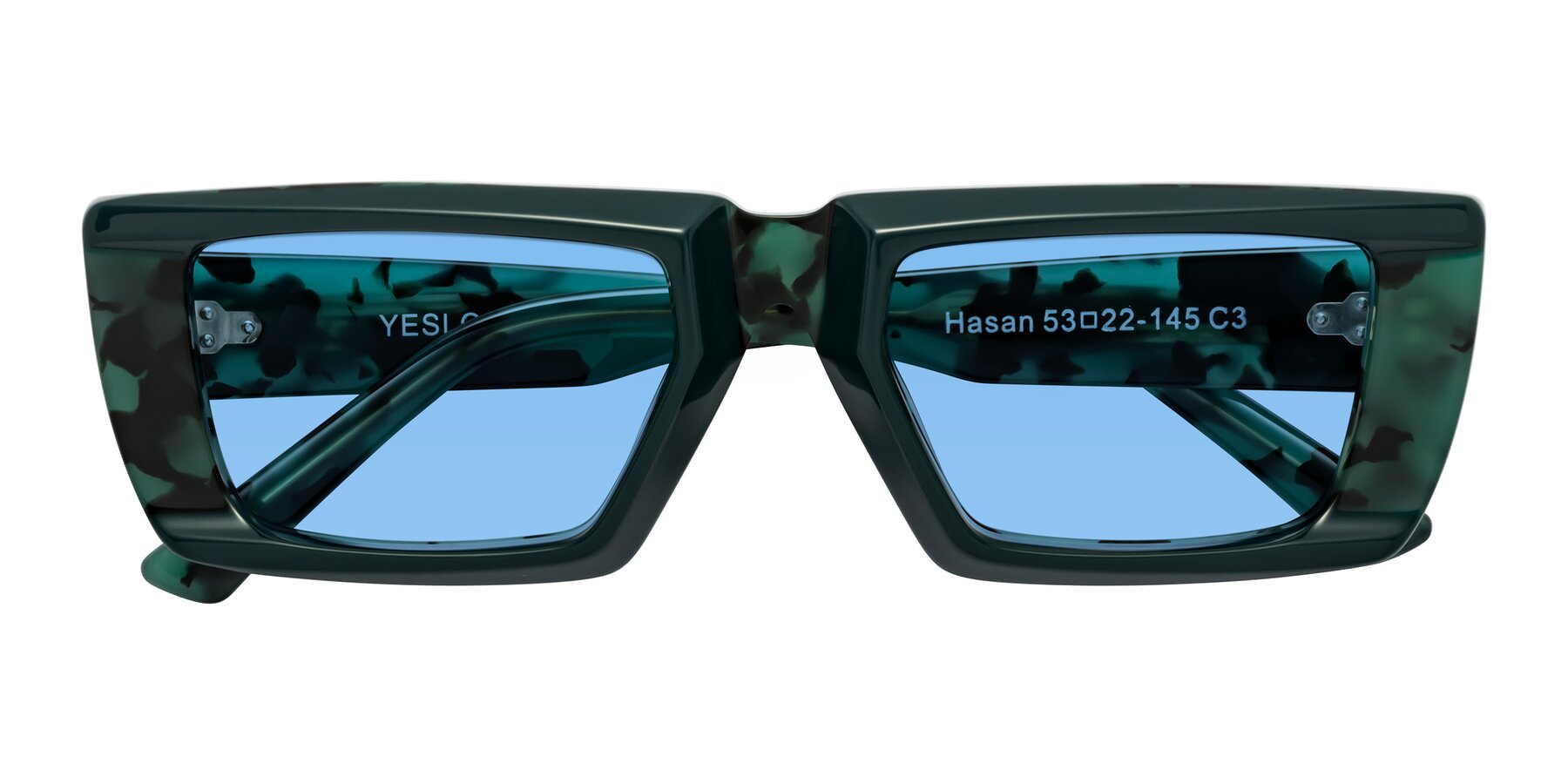 Folded Front of Hasan in Forest Green-Green Tortoise with Medium Blue Tinted Lenses