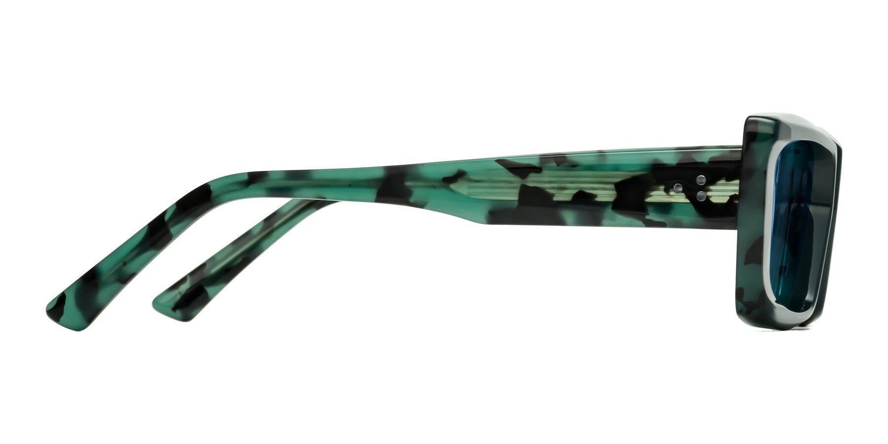 Side of Hasan in Forest Green-Green Tortoise with Medium Blue Tinted Lenses