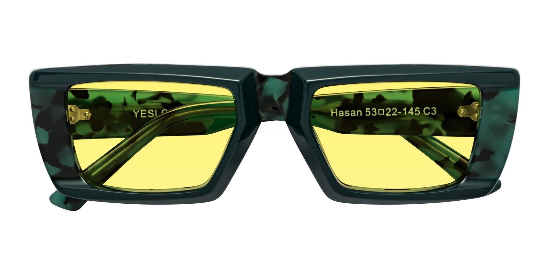 Folded Front of Hasan in Forest Green-Green Tortoise with Medium Yellow Tinted Lenses
