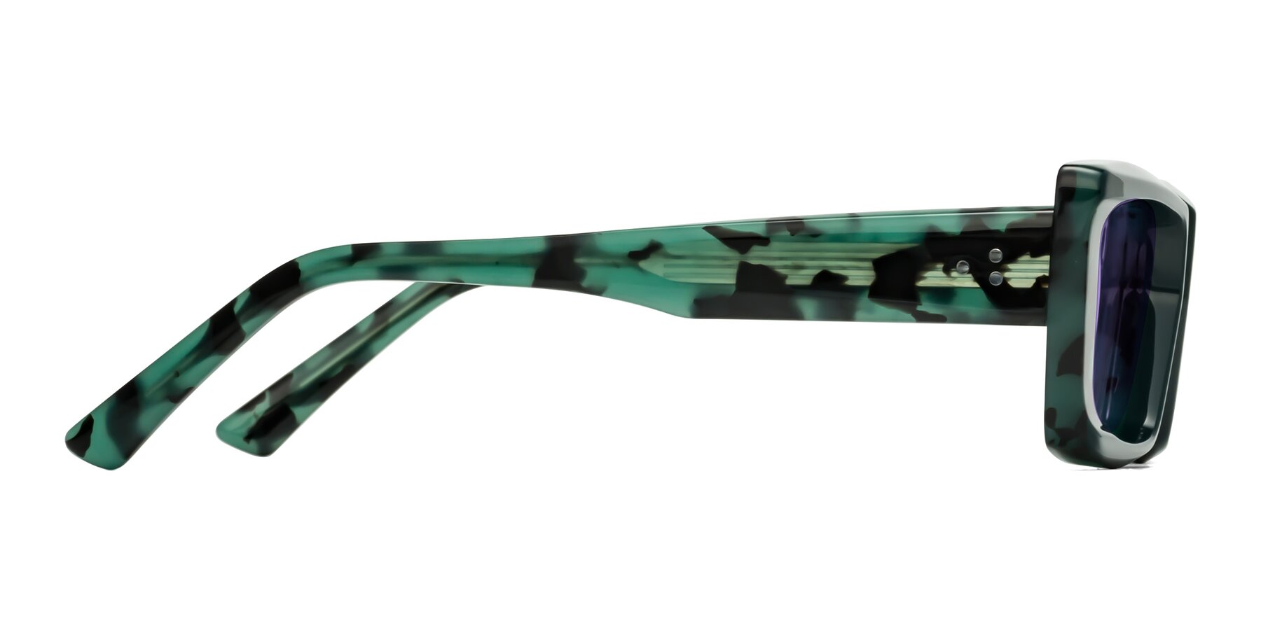 Side of Hasan in Forest Green-Green Tortoise with Medium Purple Tinted Lenses