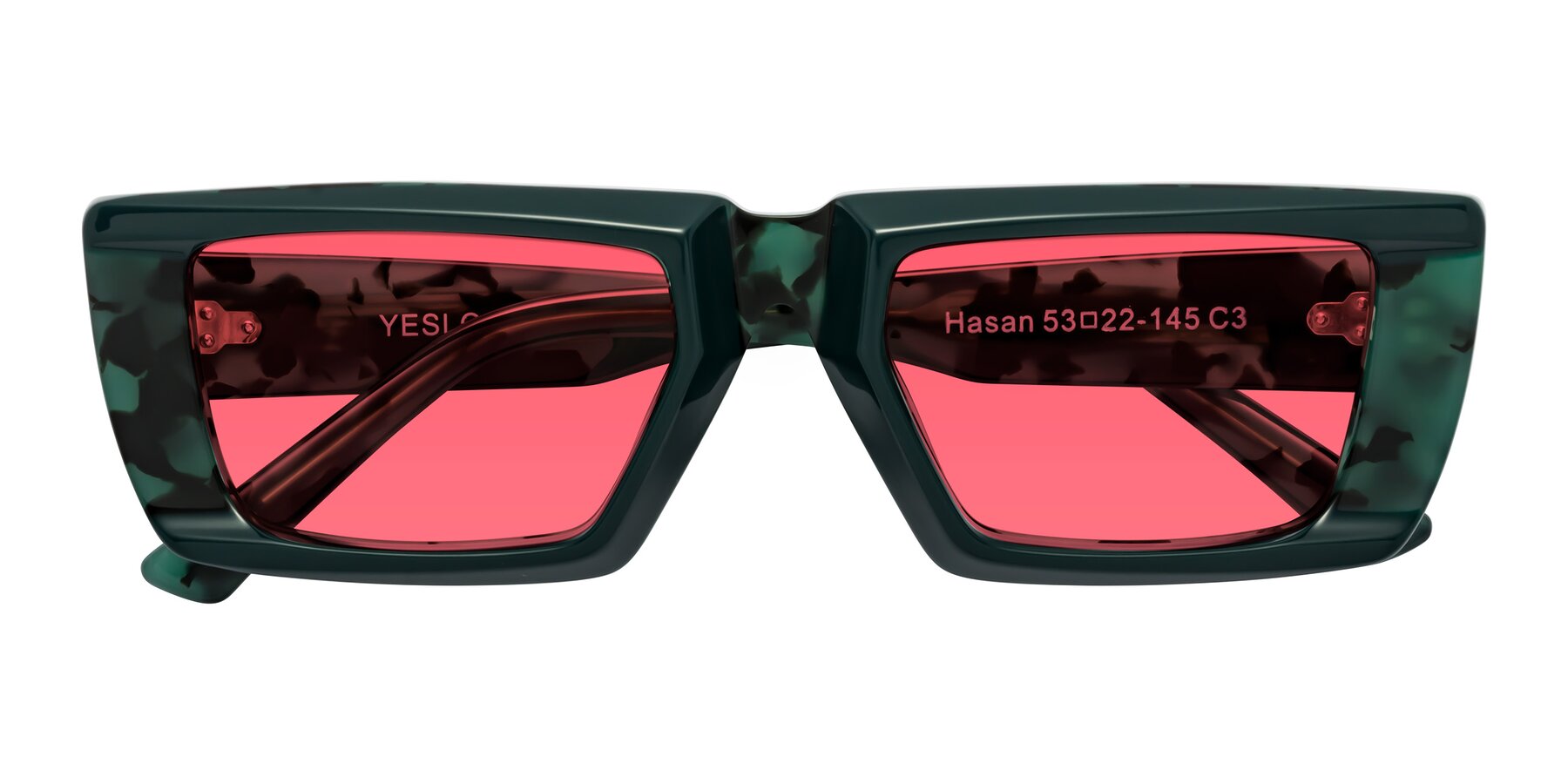 Folded Front of Hasan in Forest Green-Green Tortoise with Red Tinted Lenses
