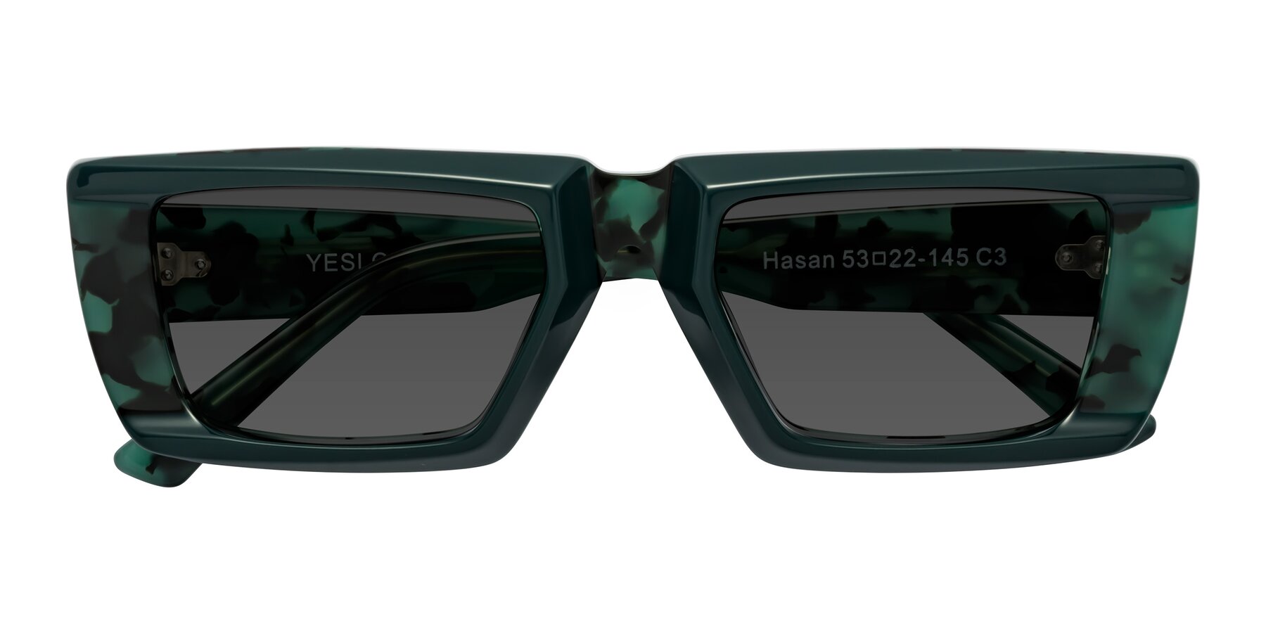 Folded Front of Hasan in Forest Green-Green Tortoise with Gray Tinted Lenses