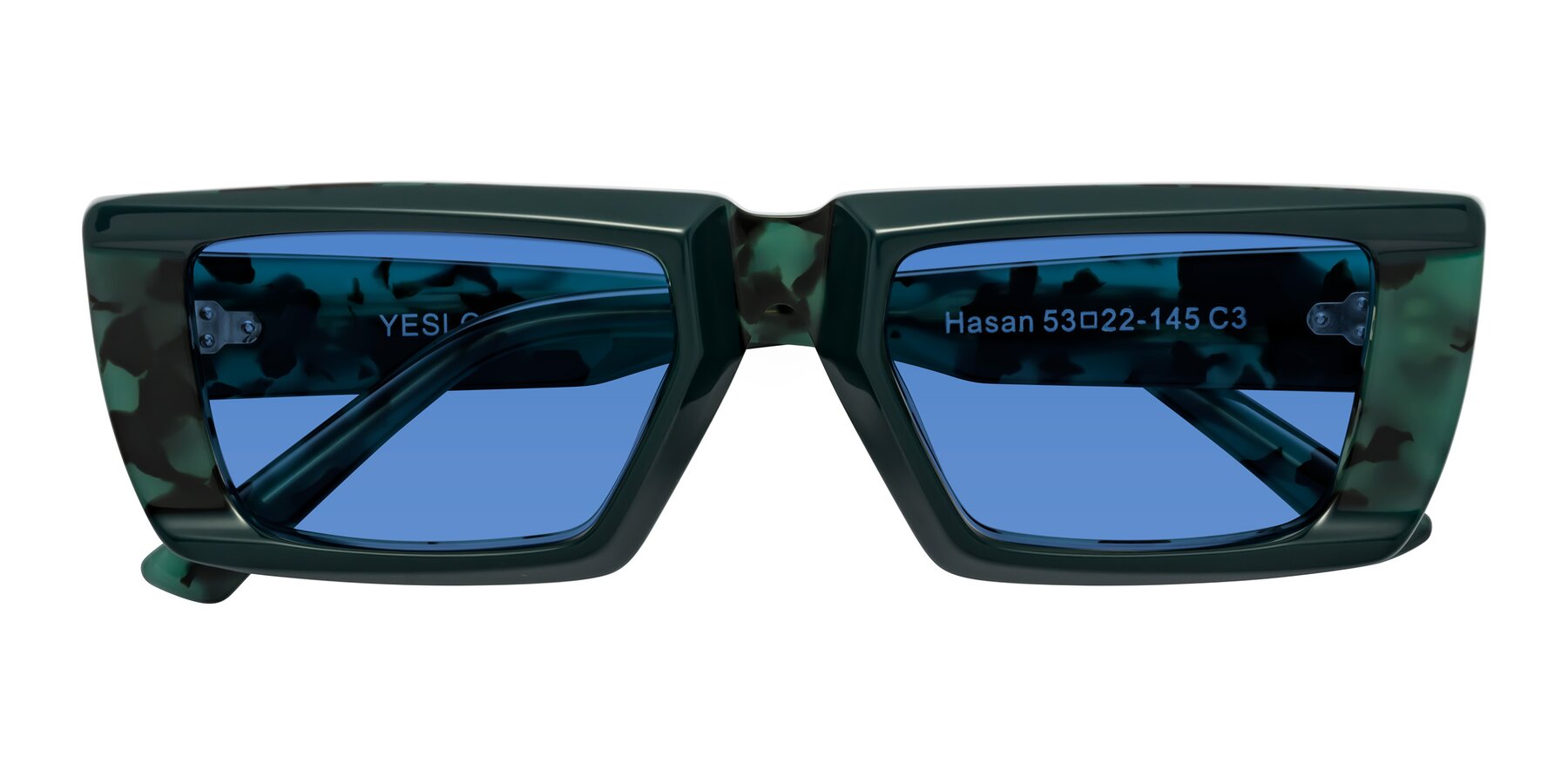 Folded Front of Hasan in Forest Green-Green Tortoise with Blue Tinted Lenses