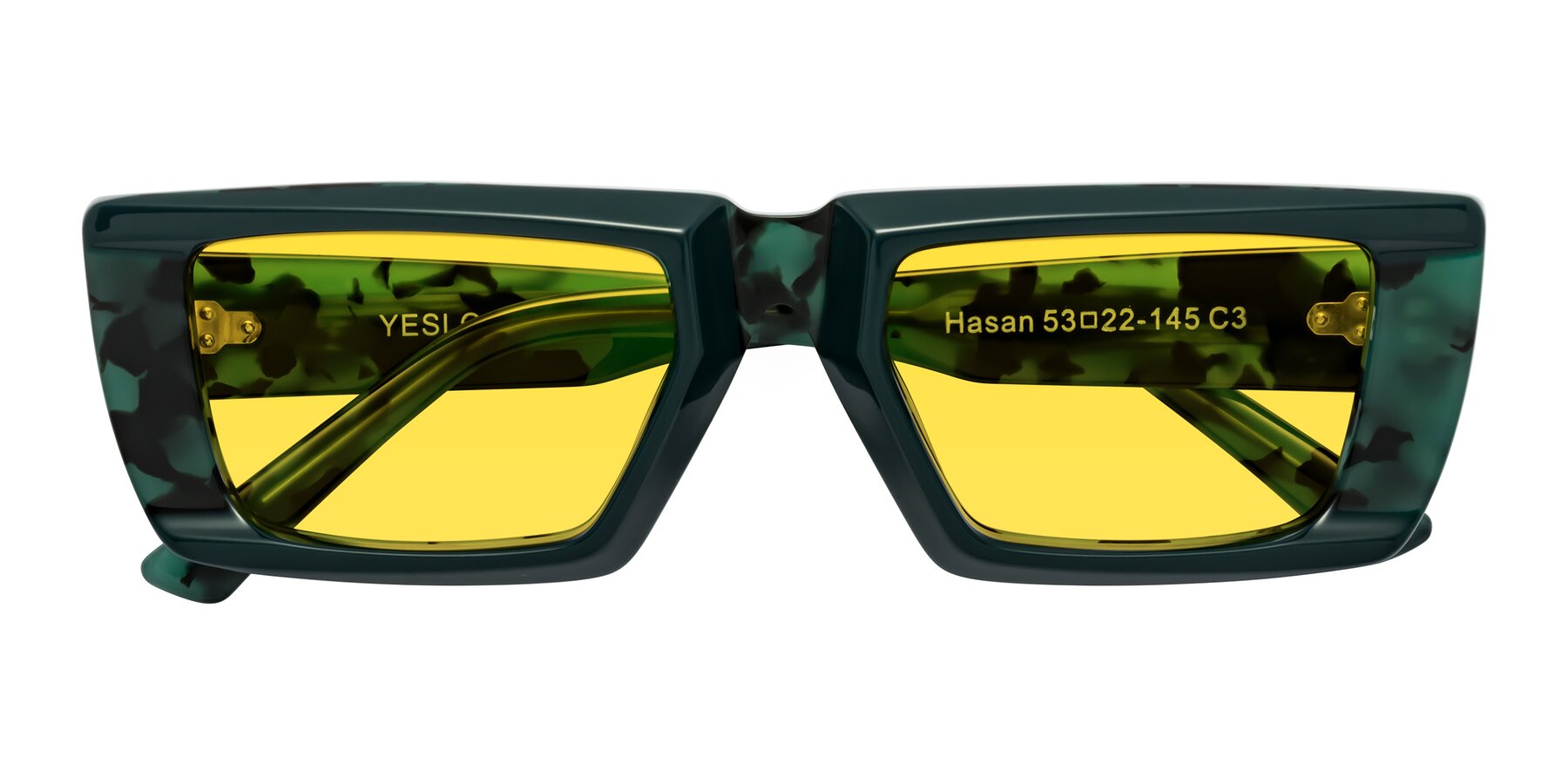 Folded Front of Hasan in Forest Green-Green Tortoise with Yellow Tinted Lenses