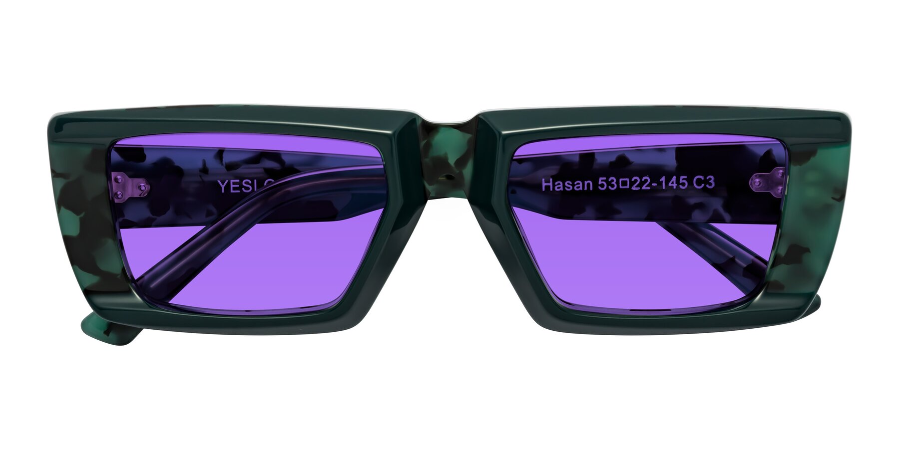 Folded Front of Hasan in Forest Green-Green Tortoise with Purple Tinted Lenses
