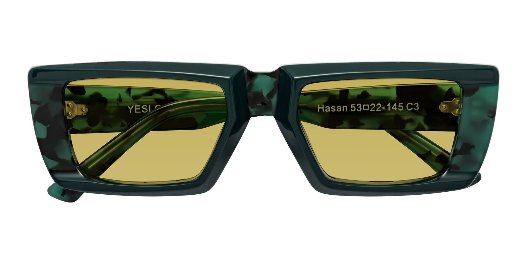 Folded Front of Hasan in Forest Green-Green Tortoise with Champagne Tinted Lenses