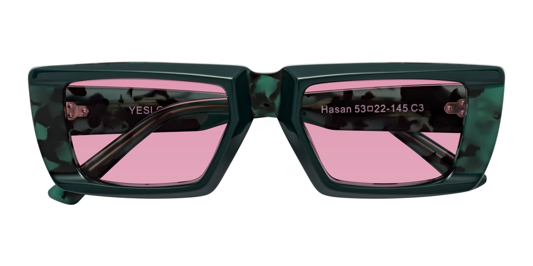 Folded Front of Hasan in Forest Green-Green Tortoise with Medium Wine Tinted Lenses