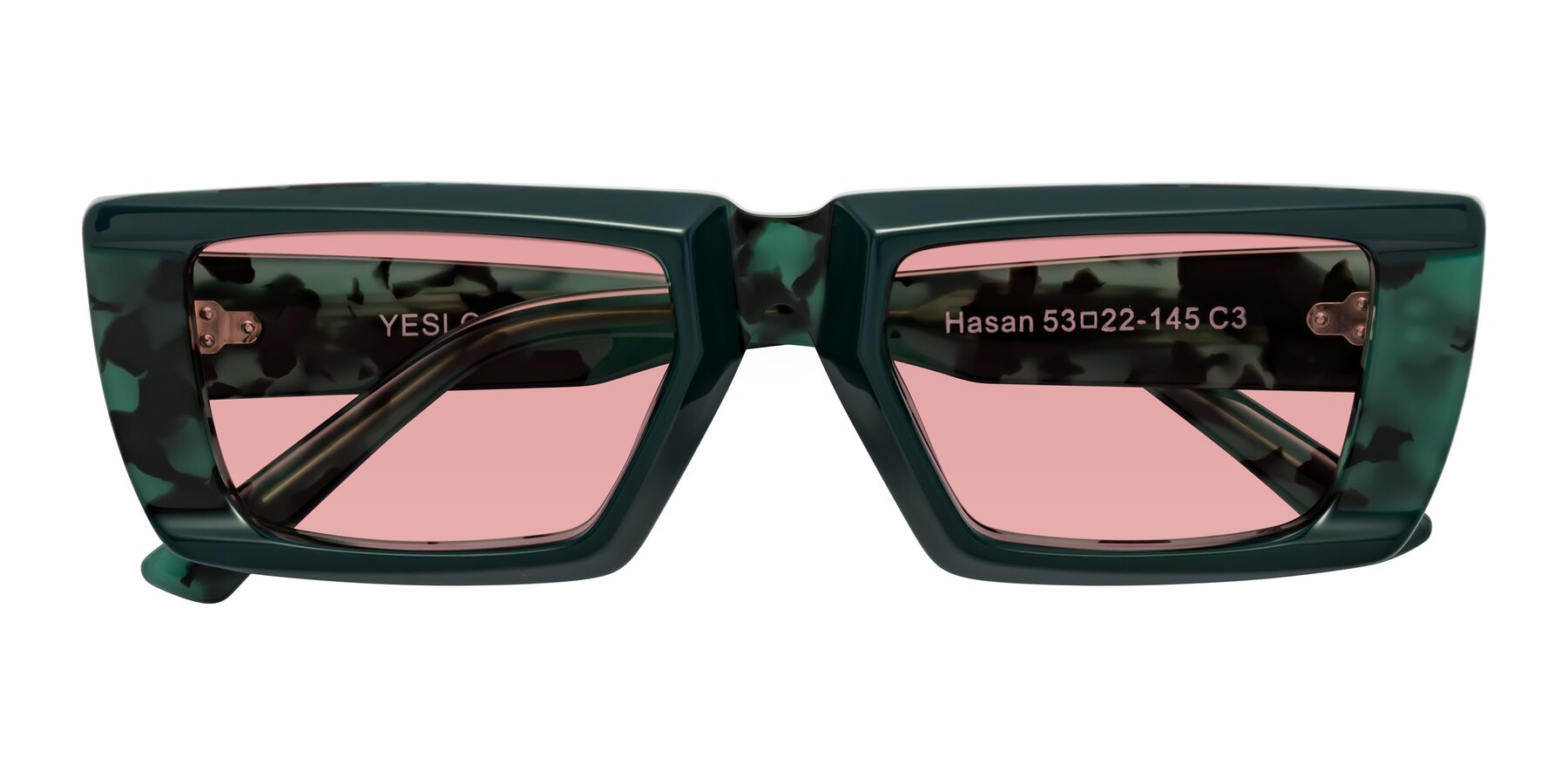 Folded Front of Hasan in Forest Green-Green Tortoise with Medium Garnet Tinted Lenses