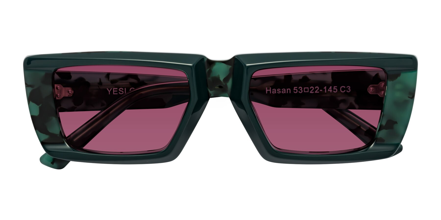 Folded Front of Hasan in Forest Green-Green Tortoise with Wine Tinted Lenses