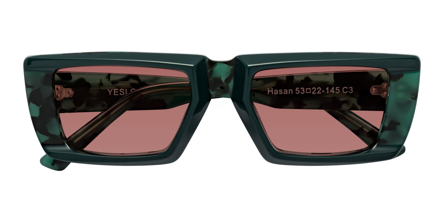 Folded Front of Hasan in Forest Green-Green Tortoise with Garnet Tinted Lenses