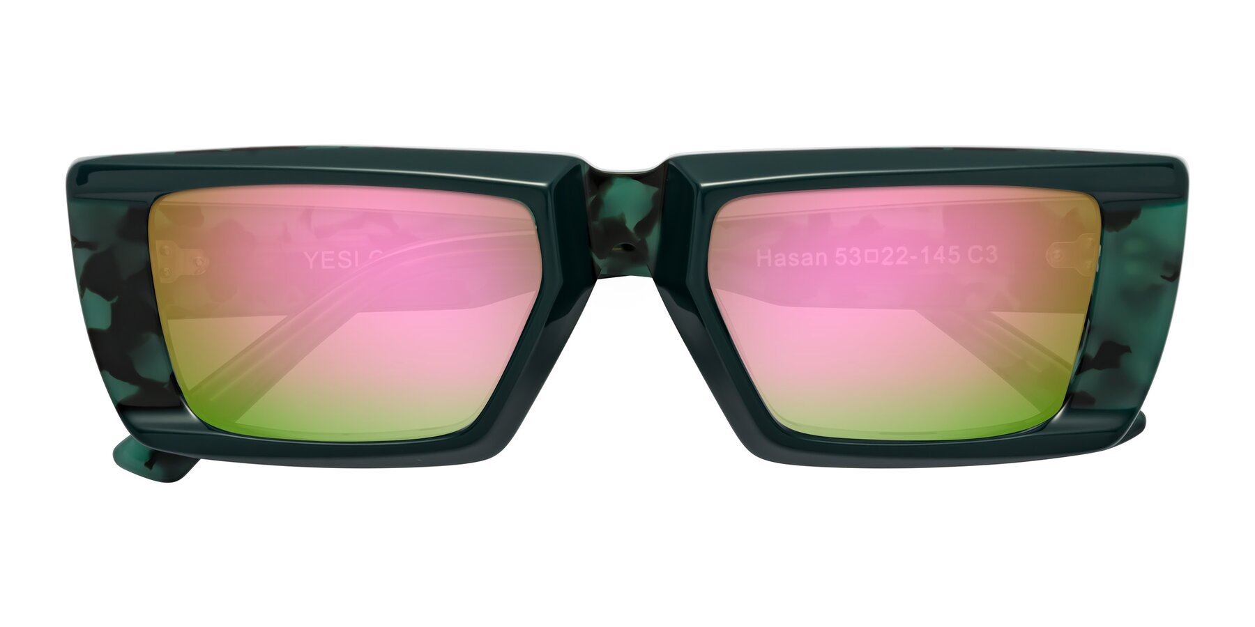 Folded Front of Hasan in Forest Green-Green Tortoise with Pink Mirrored Lenses