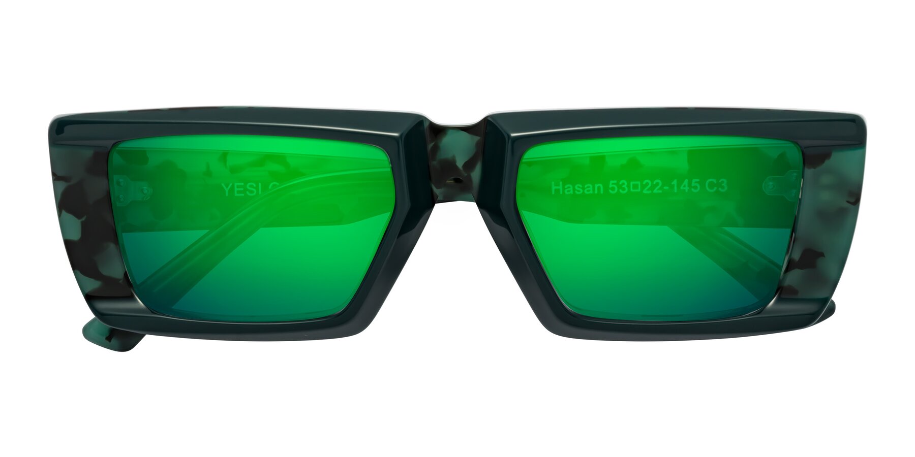 Folded Front of Hasan in Forest Green-Green Tortoise with Green Mirrored Lenses