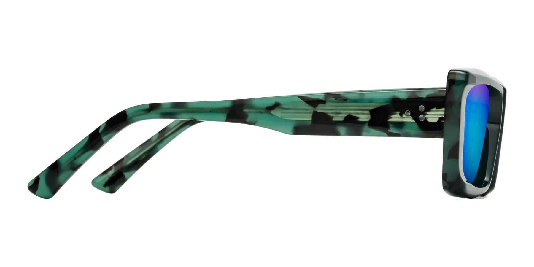 Side of Hasan in Forest Green-Green Tortoise with Blue Mirrored Lenses