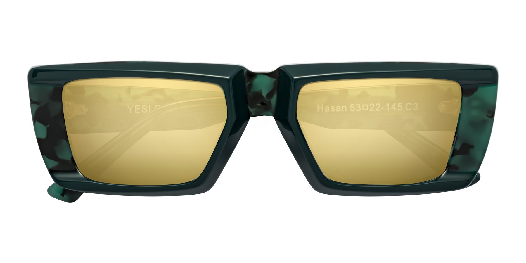 Folded Front of Hasan in Forest Green-Green Tortoise with Gold Mirrored Lenses