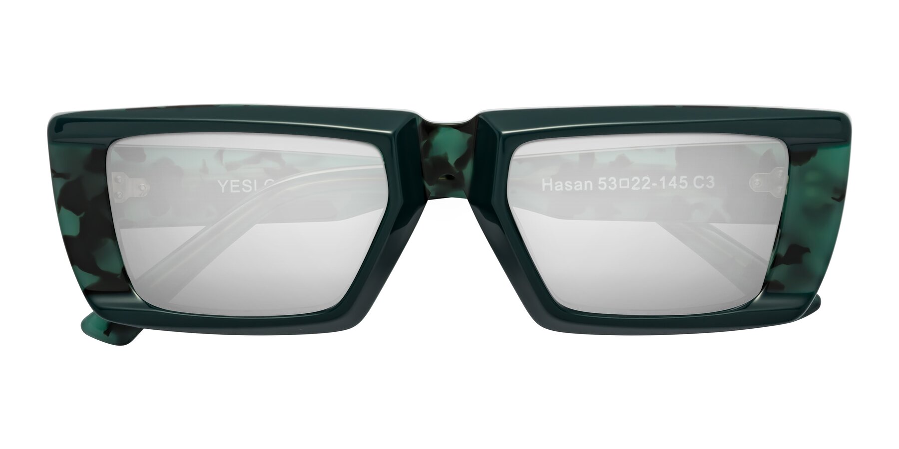 Folded Front of Hasan in Forest Green-Green Tortoise with Silver Mirrored Lenses