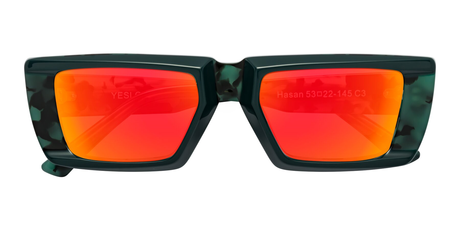 Folded Front of Hasan in Forest Green-Green Tortoise with Red Gold Mirrored Lenses
