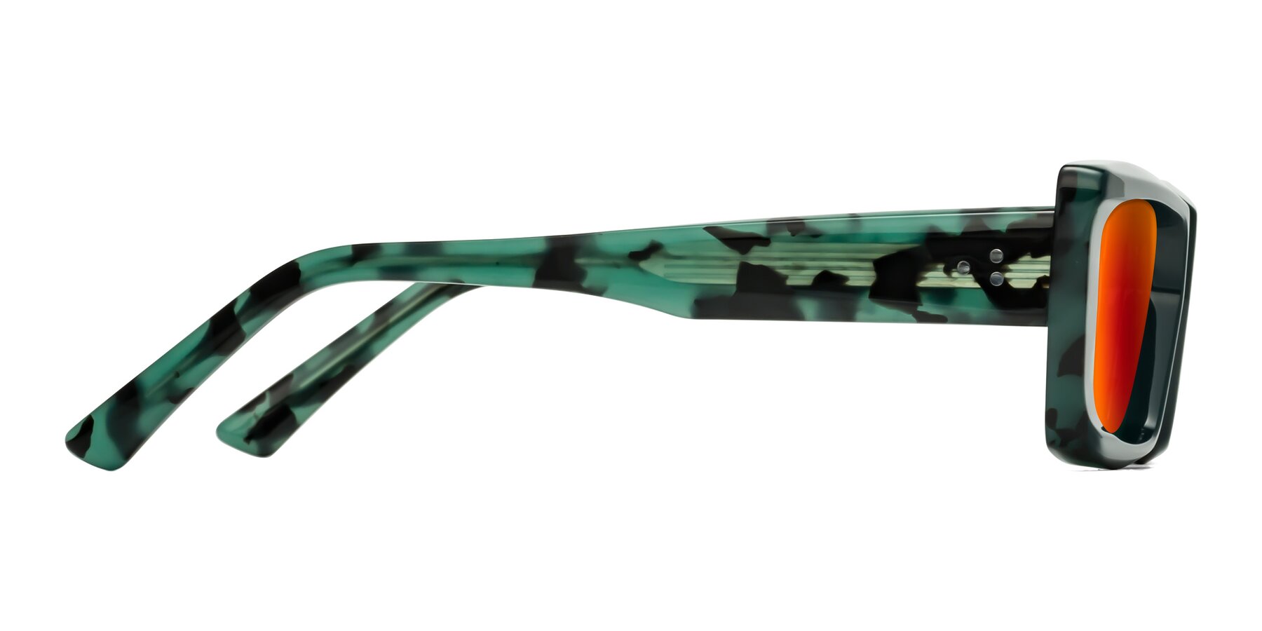 Side of Hasan in Forest Green-Green Tortoise with Red Gold Mirrored Lenses