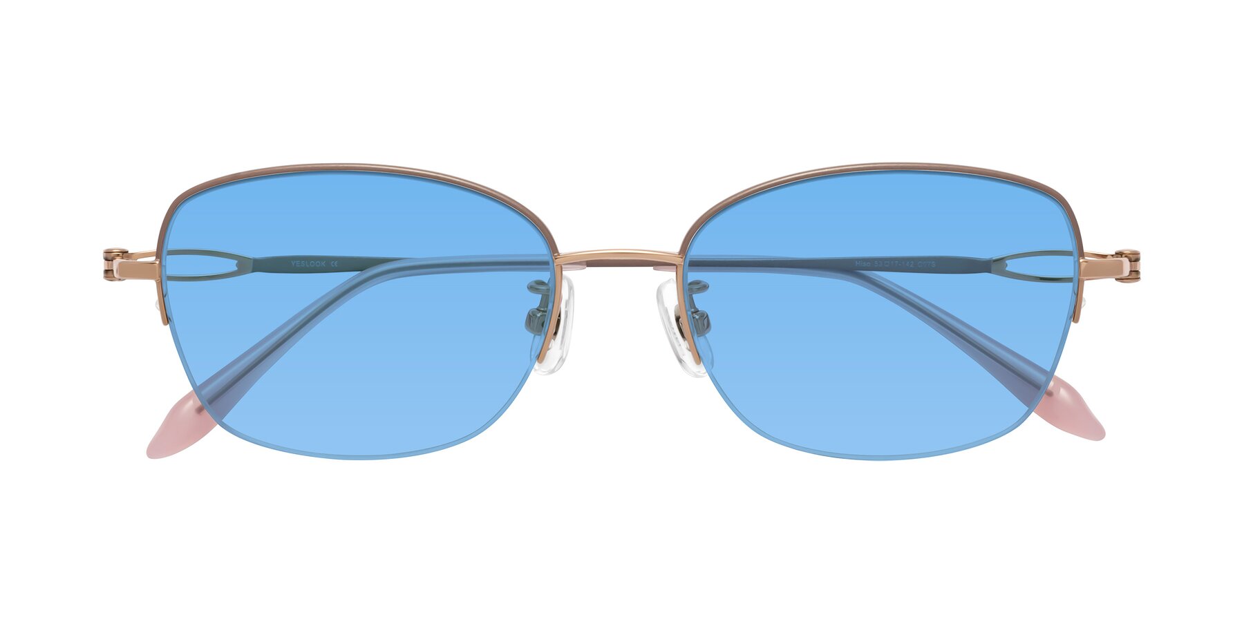 Folded Front of Hiso in Dusty Rose with Medium Blue Tinted Lenses