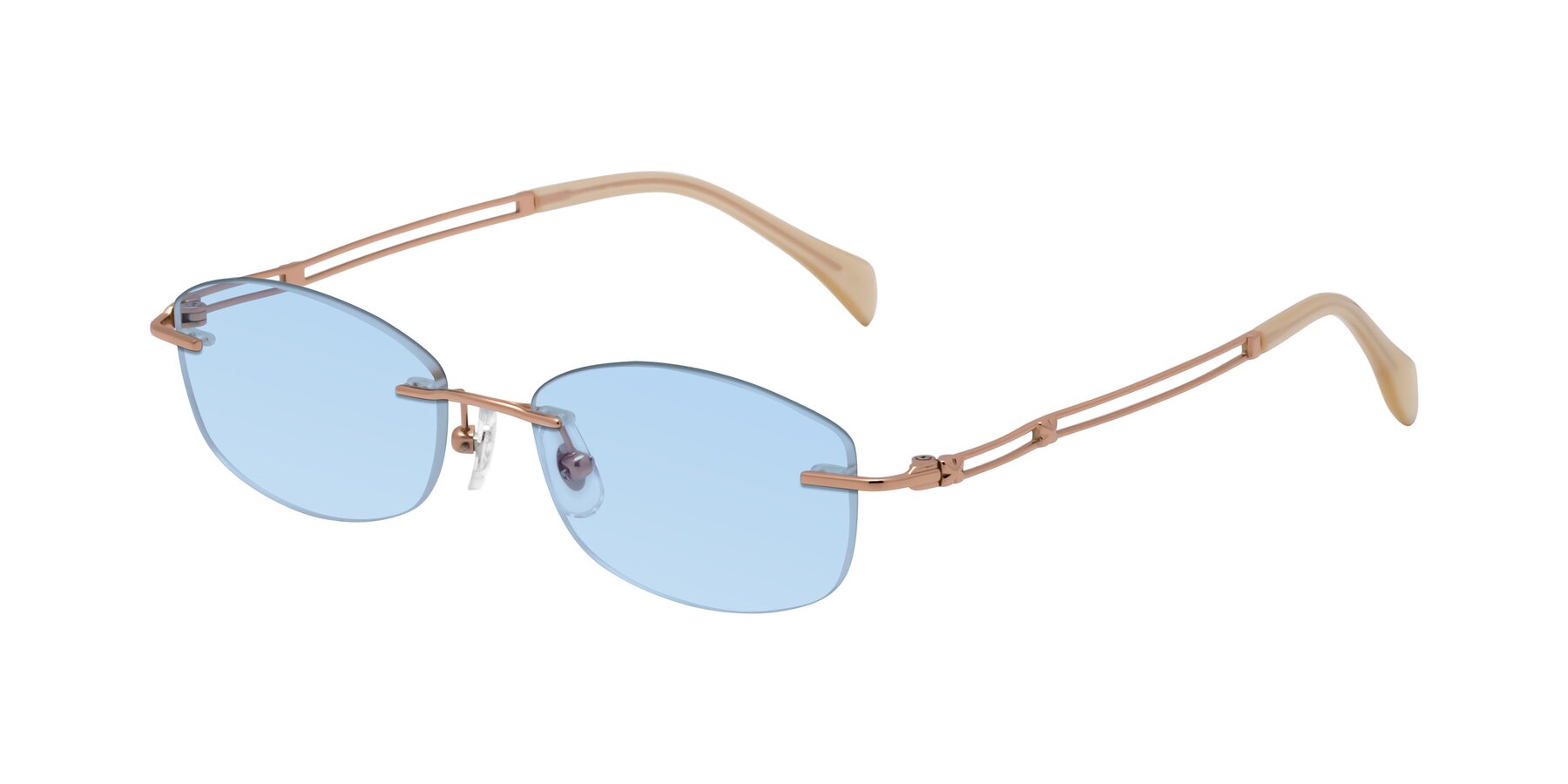 Angle of Washa in Rose Gold with Light Blue Tinted Lenses