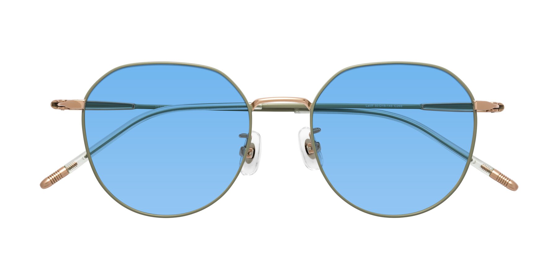 Folded Front of Latiff in Dusty Olive with Medium Blue Tinted Lenses