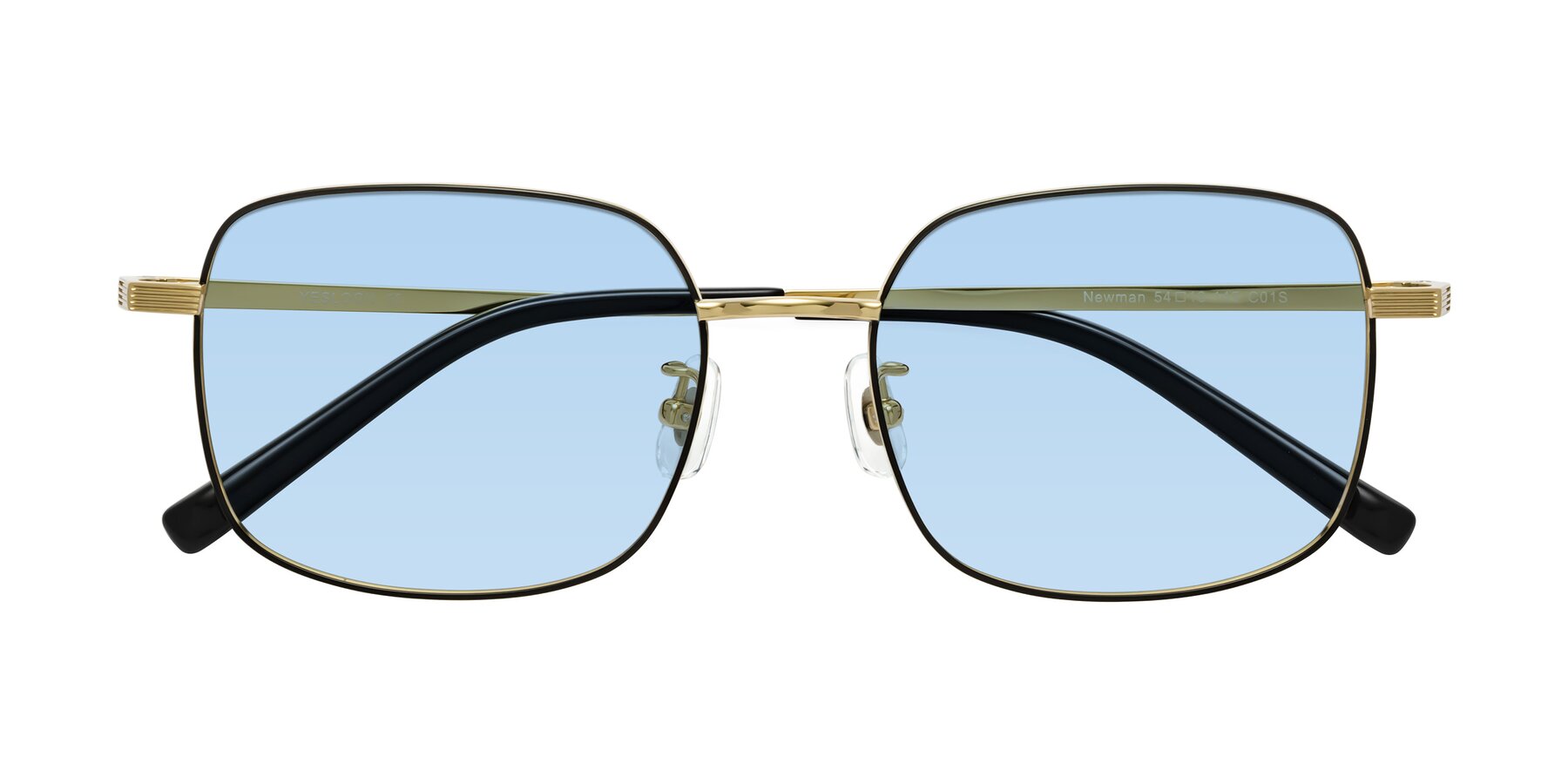 Folded Front of Newman in Black-Gold with Light Blue Tinted Lenses