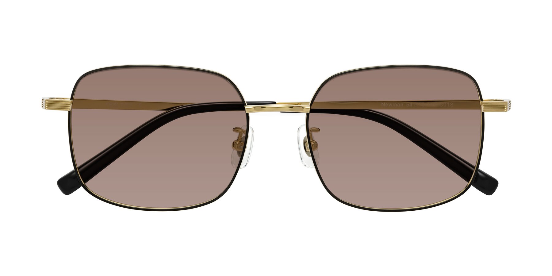 Folded Front of Newman in Black-Gold with Medium Brown Tinted Lenses