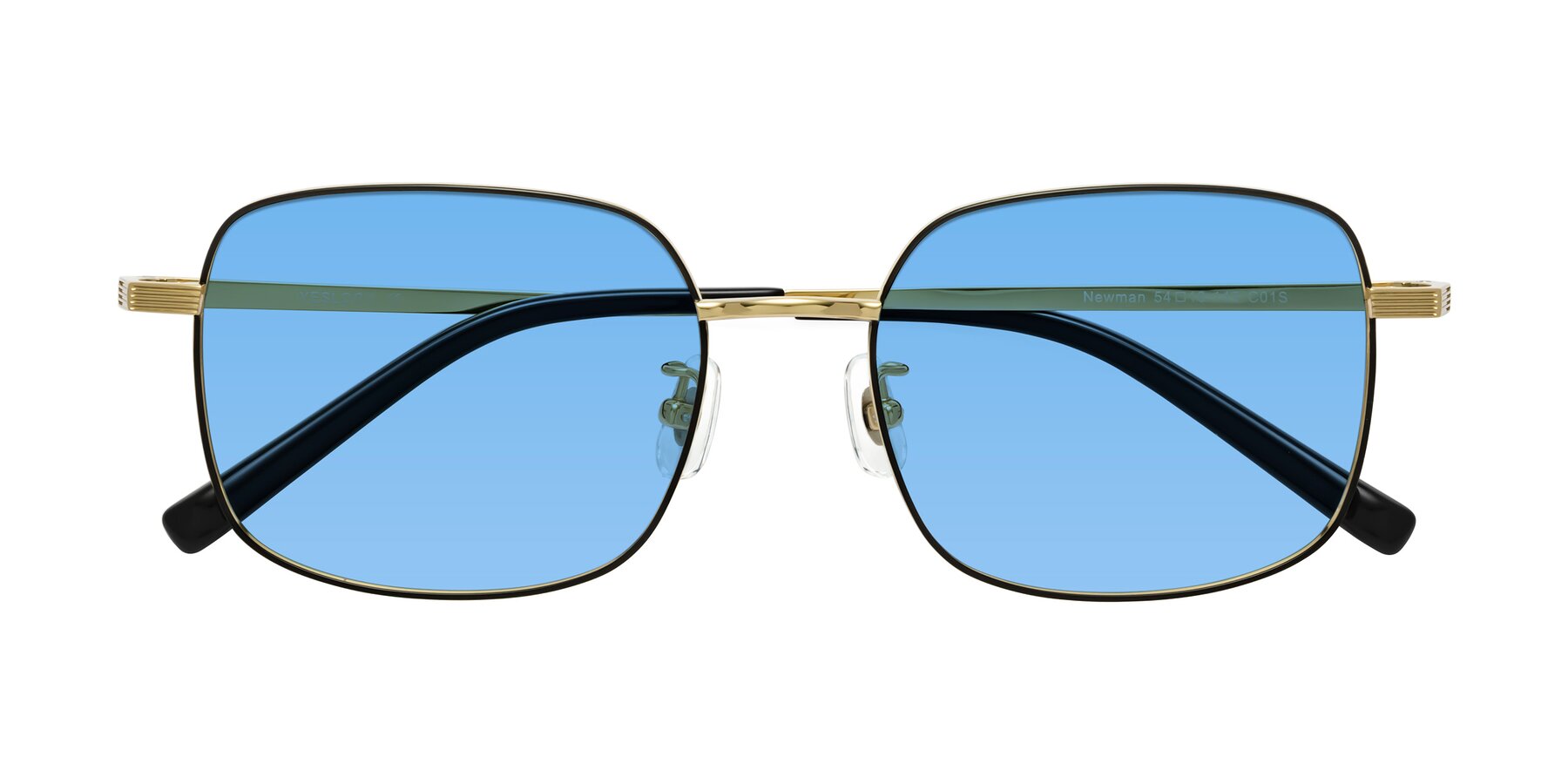 Folded Front of Newman in Black-Gold with Medium Blue Tinted Lenses