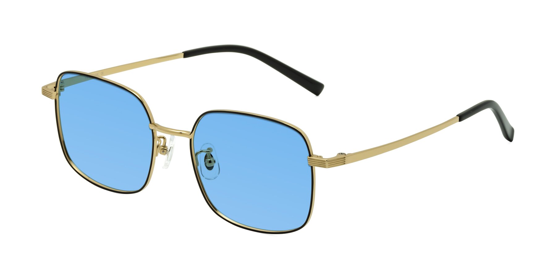 Angle of Newman in Black-Gold with Medium Blue Tinted Lenses