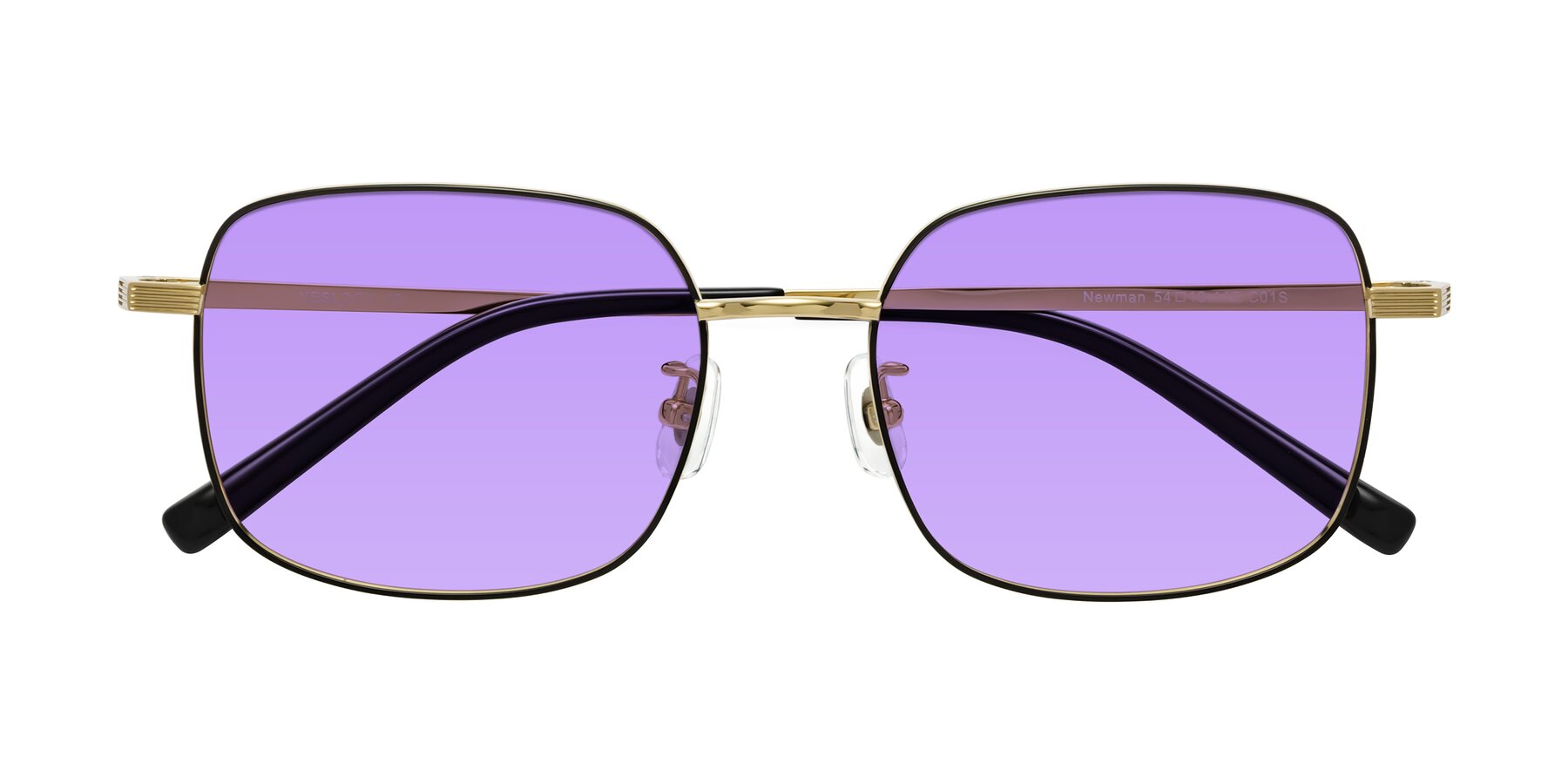Folded Front of Newman in Black-Gold with Medium Purple Tinted Lenses