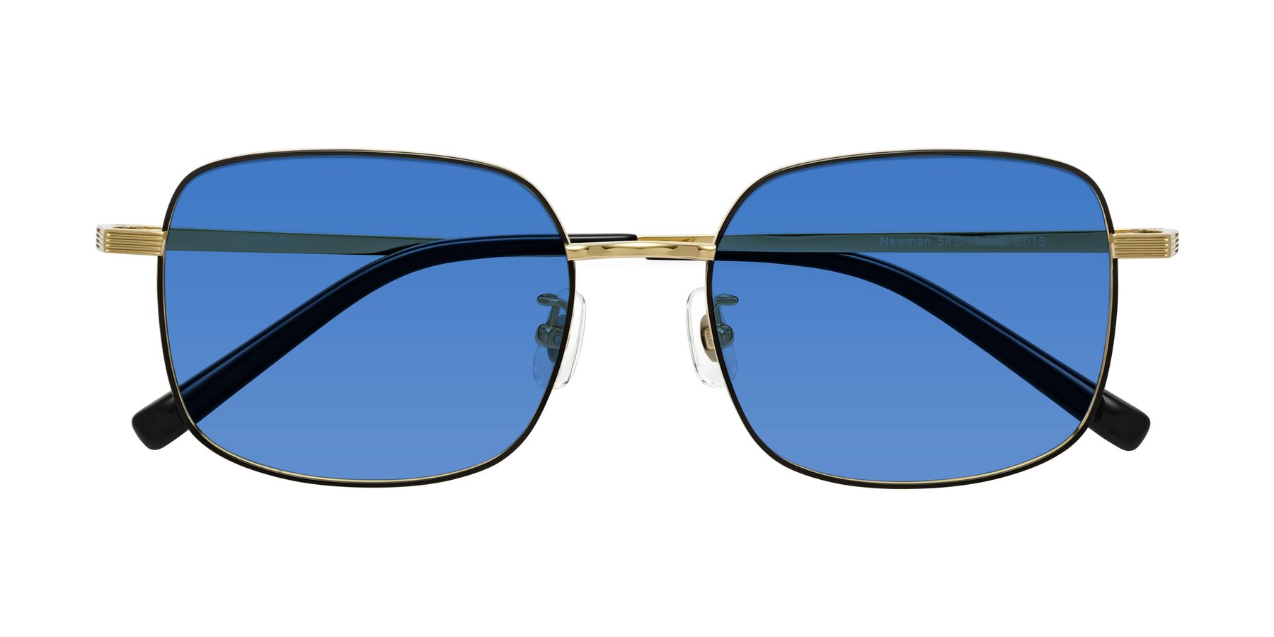 Folded Front of Newman in Black-Gold with Blue Tinted Lenses