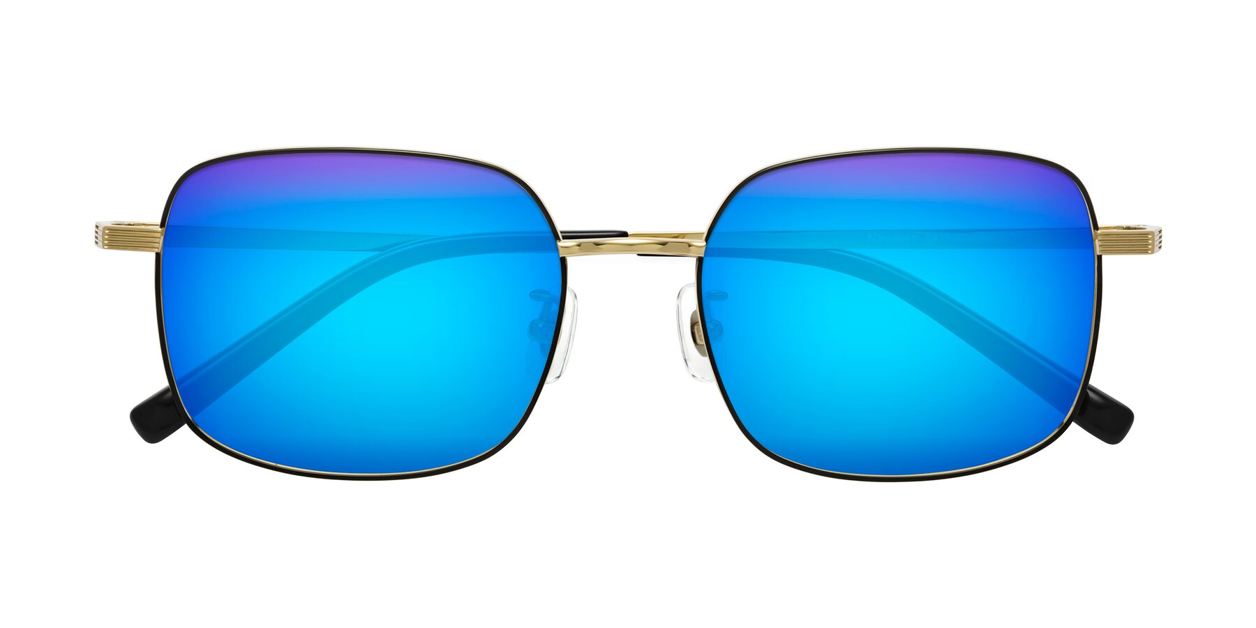 Folded Front of Newman in Black-Gold with Blue Mirrored Lenses