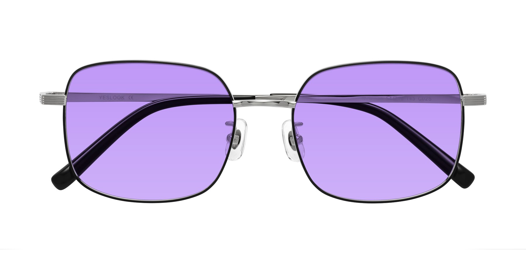 Folded Front of Newman in Black-Silver with Medium Purple Tinted Lenses