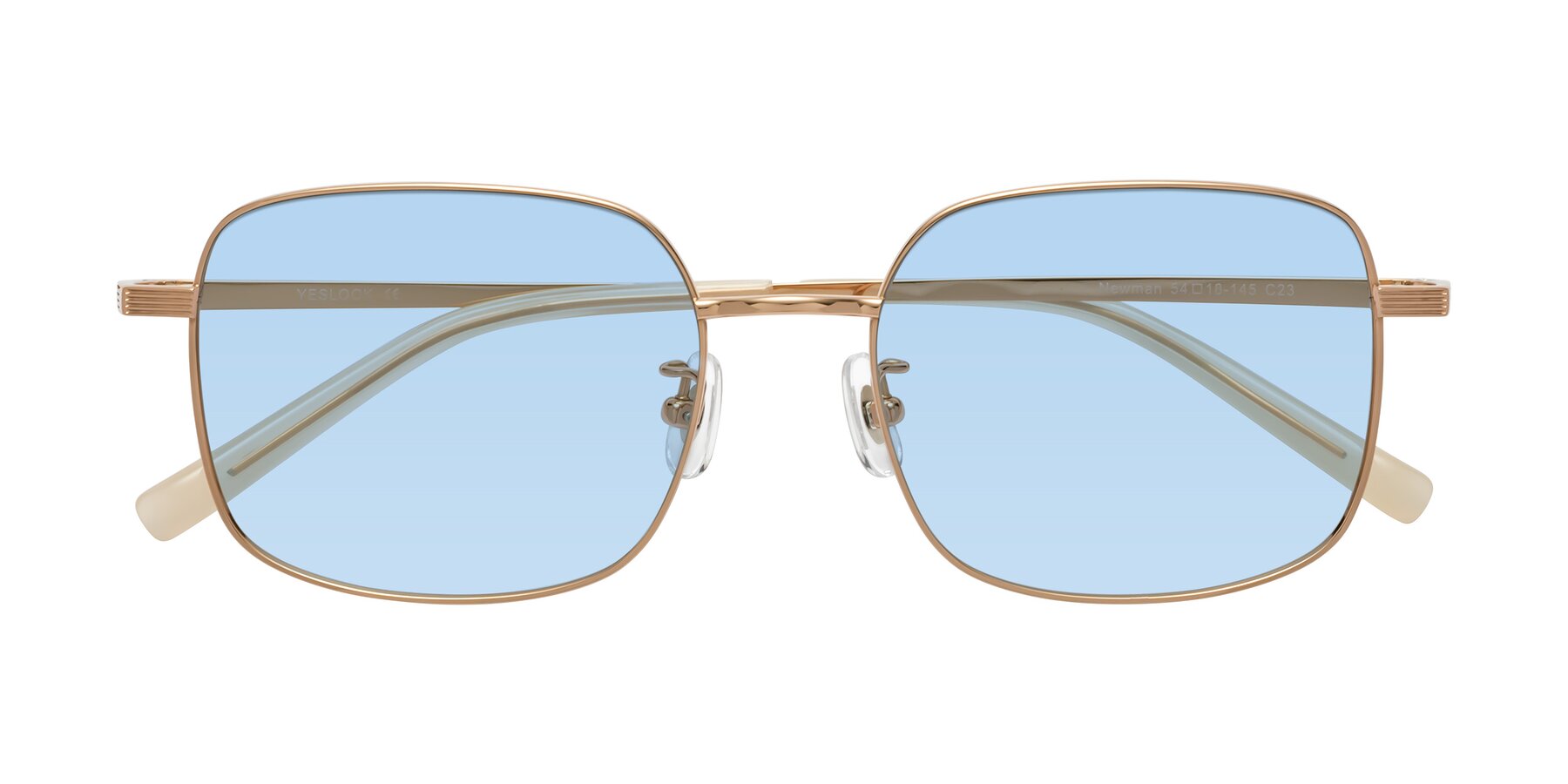 Folded Front of Newman in Rose Gold with Light Blue Tinted Lenses