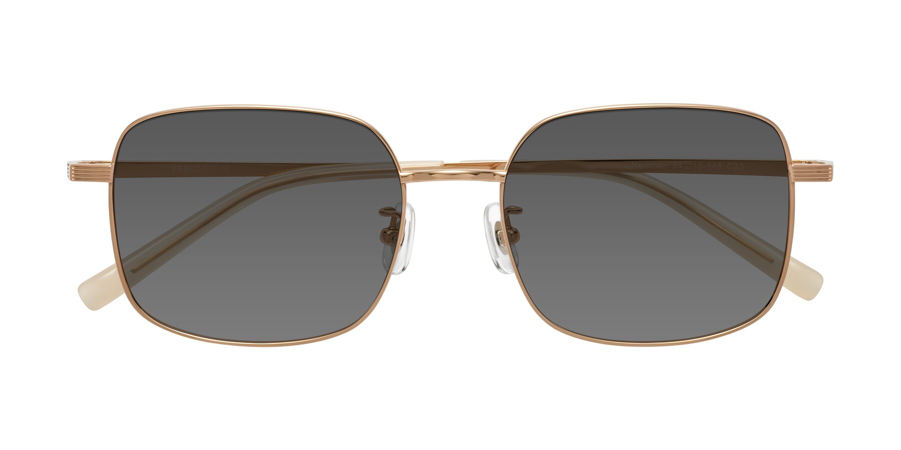 Folded Front of Newman in Rose Gold with Medium Gray Tinted Lenses