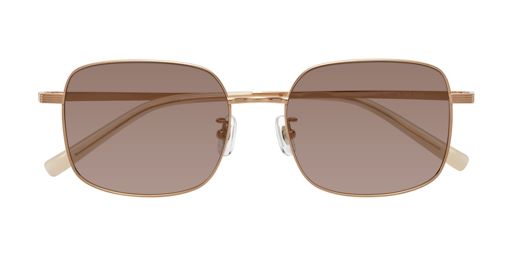 Folded Front of Newman in Rose Gold with Medium Brown Tinted Lenses