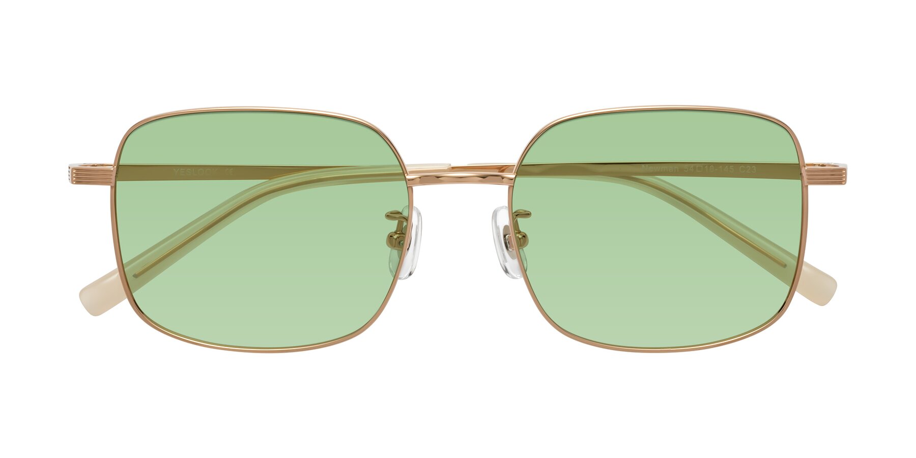 Folded Front of Newman in Rose Gold with Medium Green Tinted Lenses