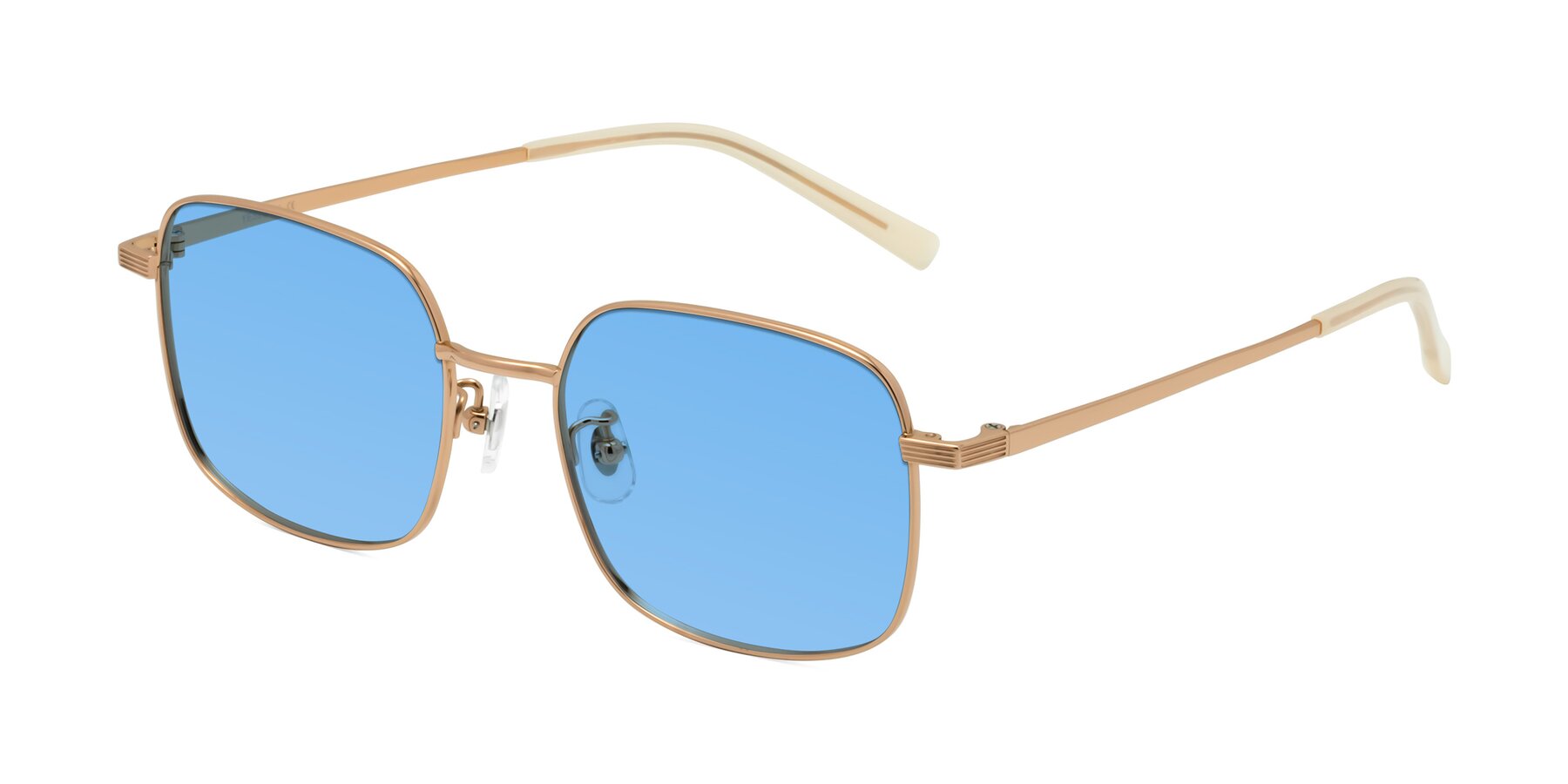 Angle of Newman in Rose Gold with Medium Blue Tinted Lenses