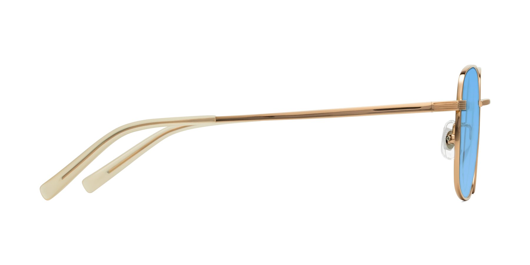 Side of Newman in Rose Gold with Medium Blue Tinted Lenses