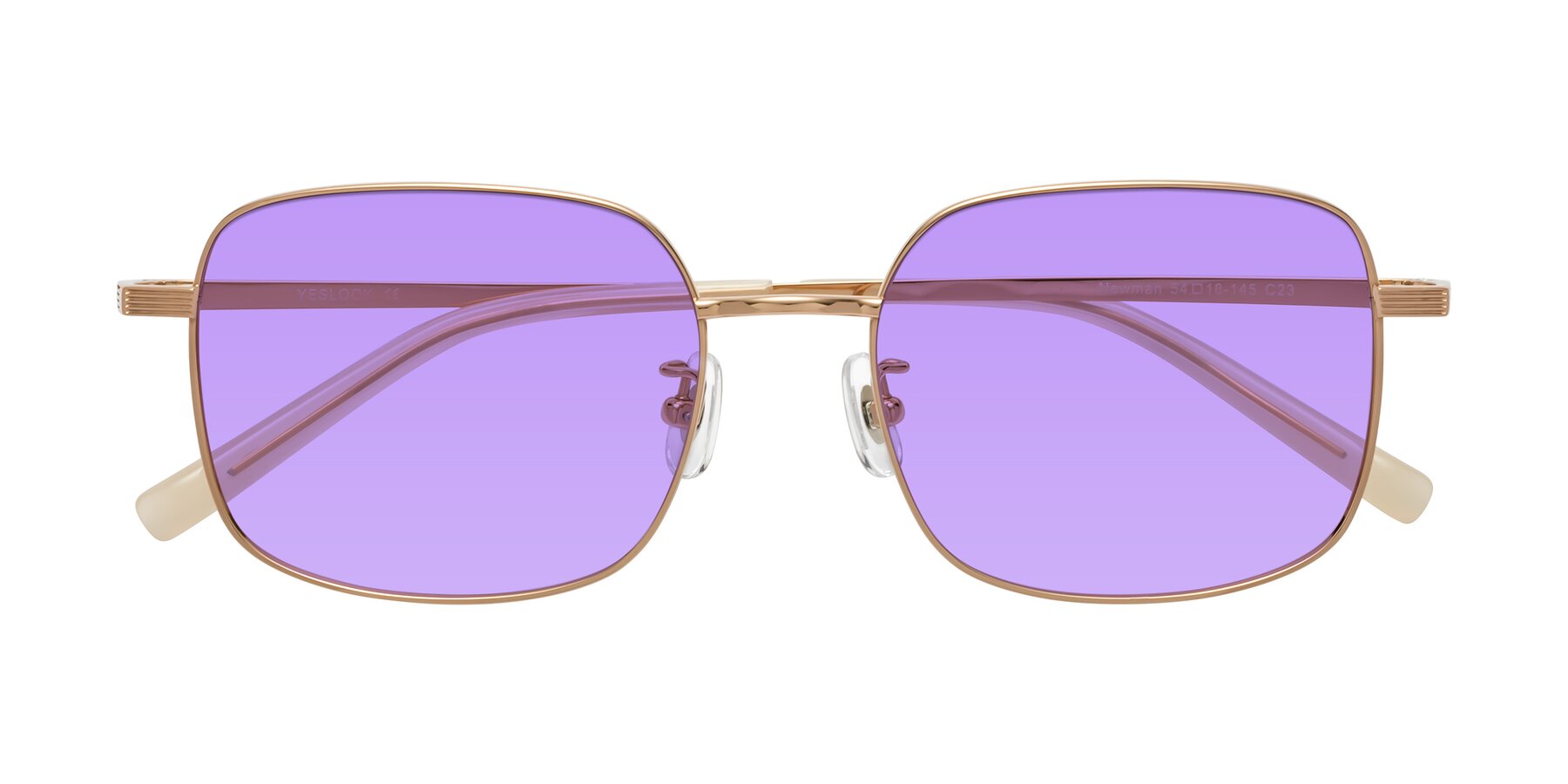 Folded Front of Newman in Rose Gold with Medium Purple Tinted Lenses